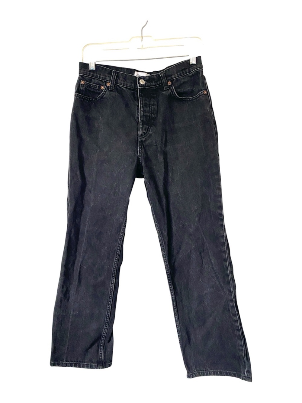 Zara Washed Black Straight Leg Jeans – Hidden Button Fly high waist size 6